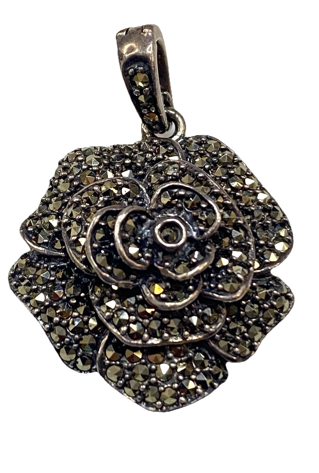 Sterling Silver Marcasite Rose Flower Enhancer Pendant Vintage 11.2g