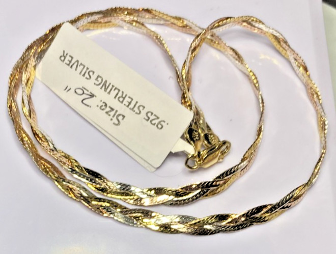 22K Gold over Sterling Silver AGI Signed Tri-Color Braided Necklace, 20″, 11.2g