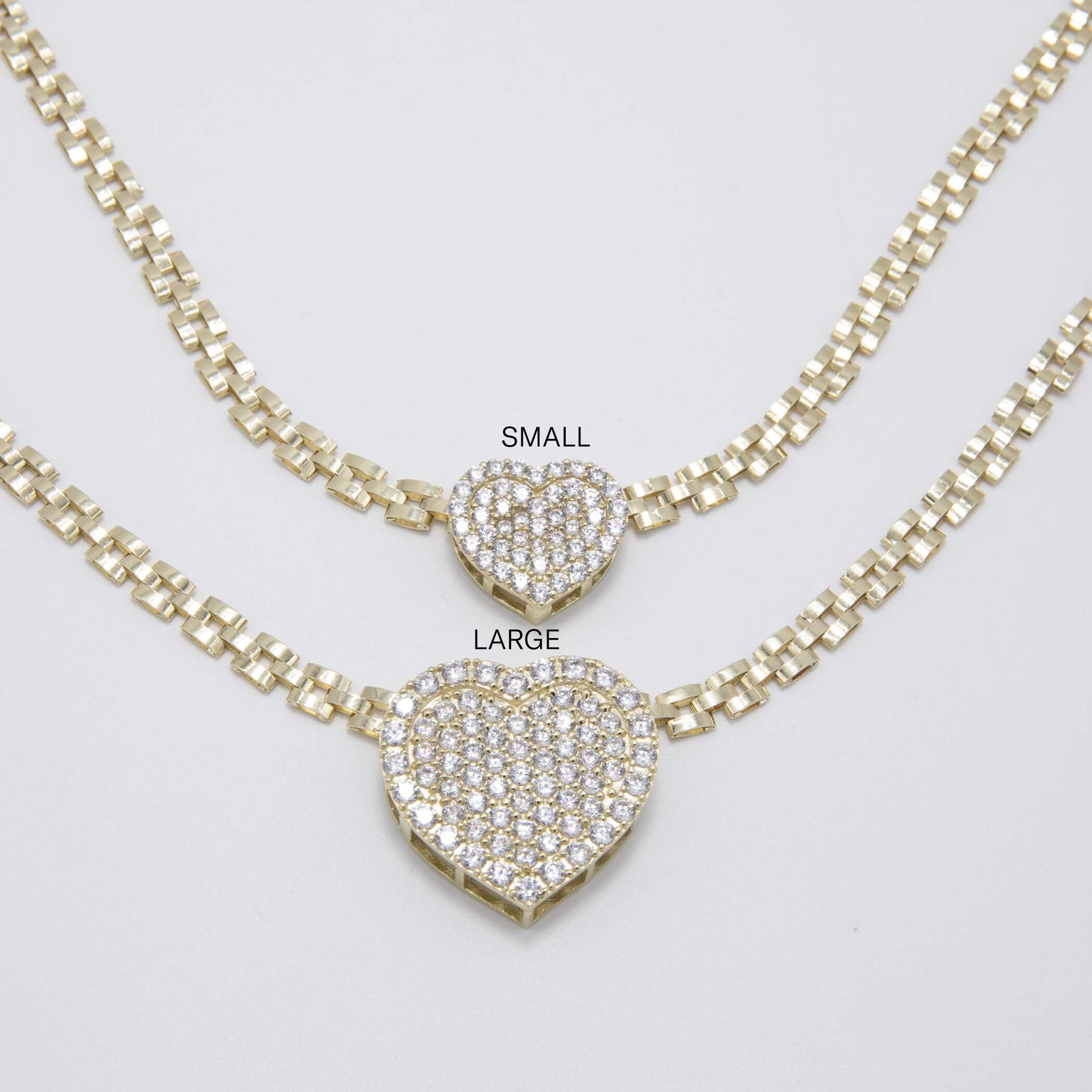 10K Yellow Gold Shiny Heart Rlx Railroad Chain Necklace All Sizes