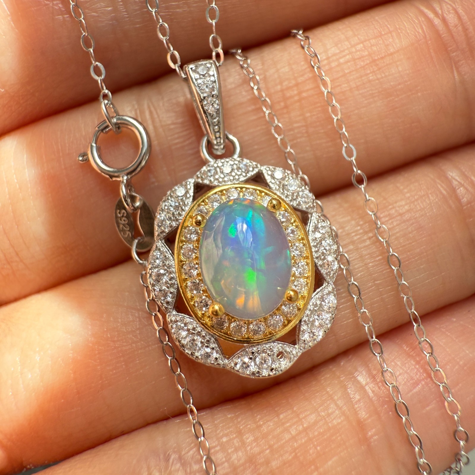 925 Sterling Silver Necklace 8x6mm Natural Opal Handmade Flower Birthstone