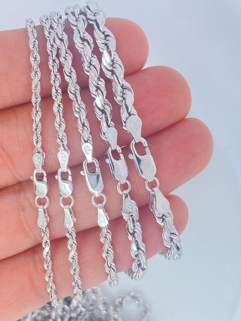 10K White Gold Rope Chain Necklace Diamond Cut Real Gold 2mm-5mm 16-28in Unisex