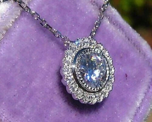 3Ct Lab Ceated Diamond Halo Pendent 14K White Gold Finish