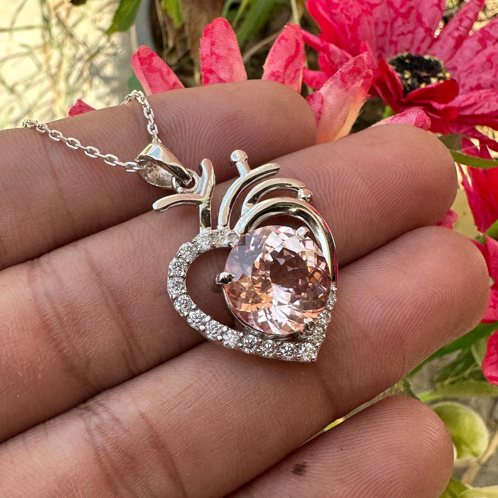Certified Padparadscha Sapphire 30 Ct Heart Pendant Necklace 925 Sterling Silver