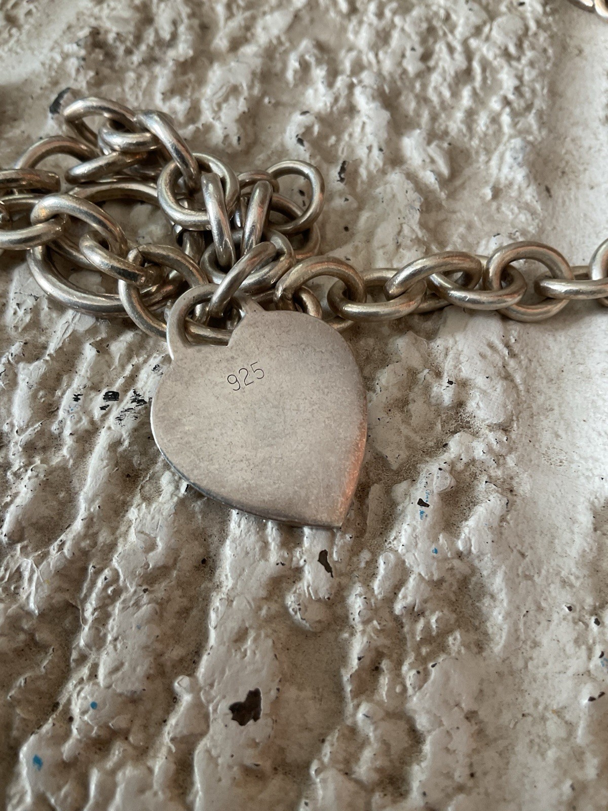 Vtg Heavy Chunky 925 Sterling Silver Heart Charm Toggle Rolo Chain Necklace 18”