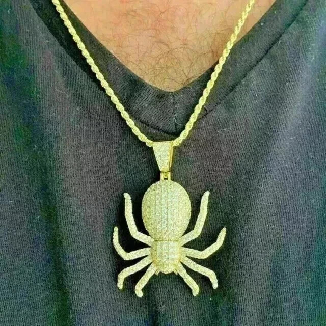 6.85Ct Round Cut Real Moissanite Spider Men’s Pendant 14K Yellow Gold Plated.