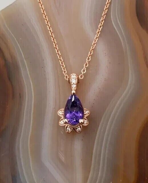 2.10Ct Pear Cut Simulated Amethyst Halo Pendant 14k Rose Gold Plated Free Chain