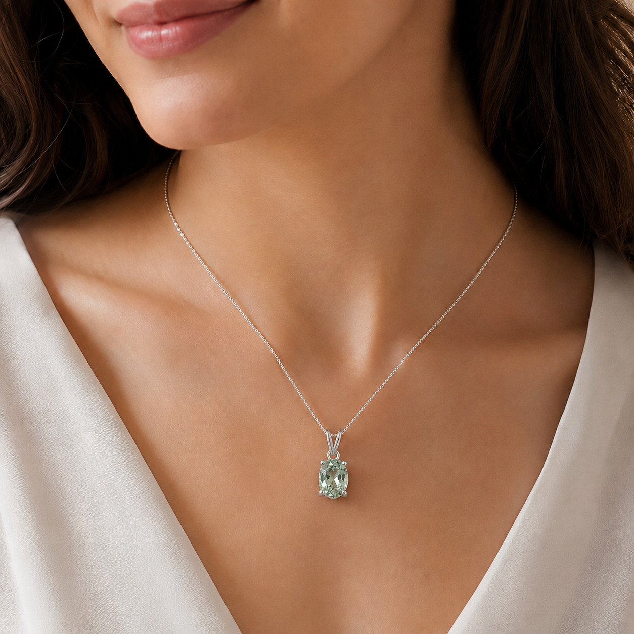 Natural Prasiolite Pendant Necklace 9x7mm Oval VVS Brazil Gem 925 Sterling Silve