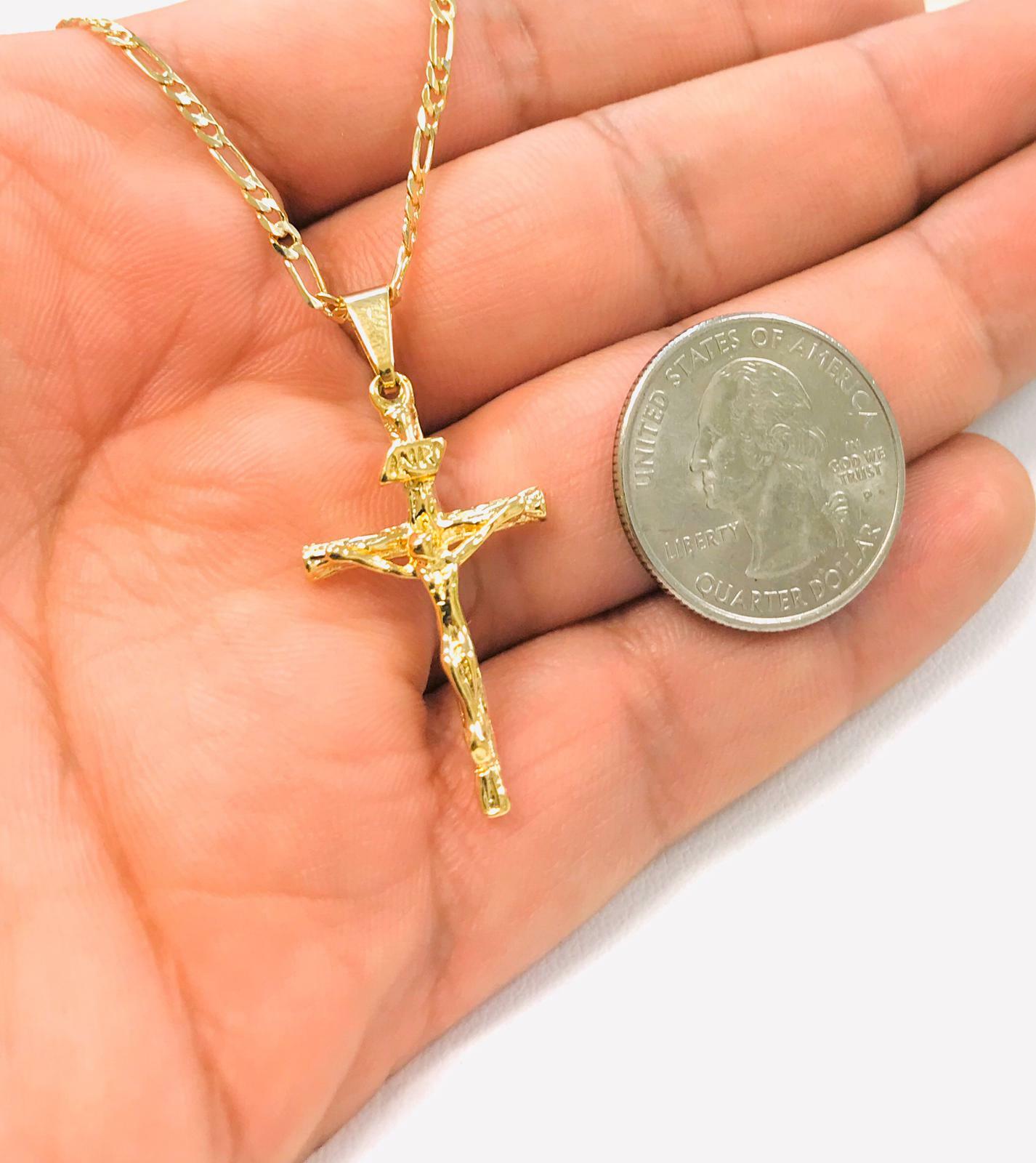 Rustic Cross Necklace 14K Gold F Crucifix Pendant Figaro Link Chain 20″ Womens