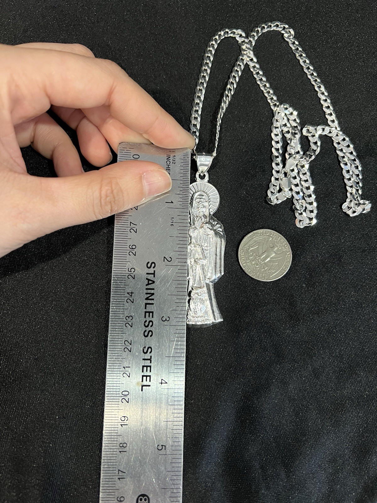 925 Sterling Silver Big Men Women Santa Muerte Grim Reaper & Curb Chain 20 26 30