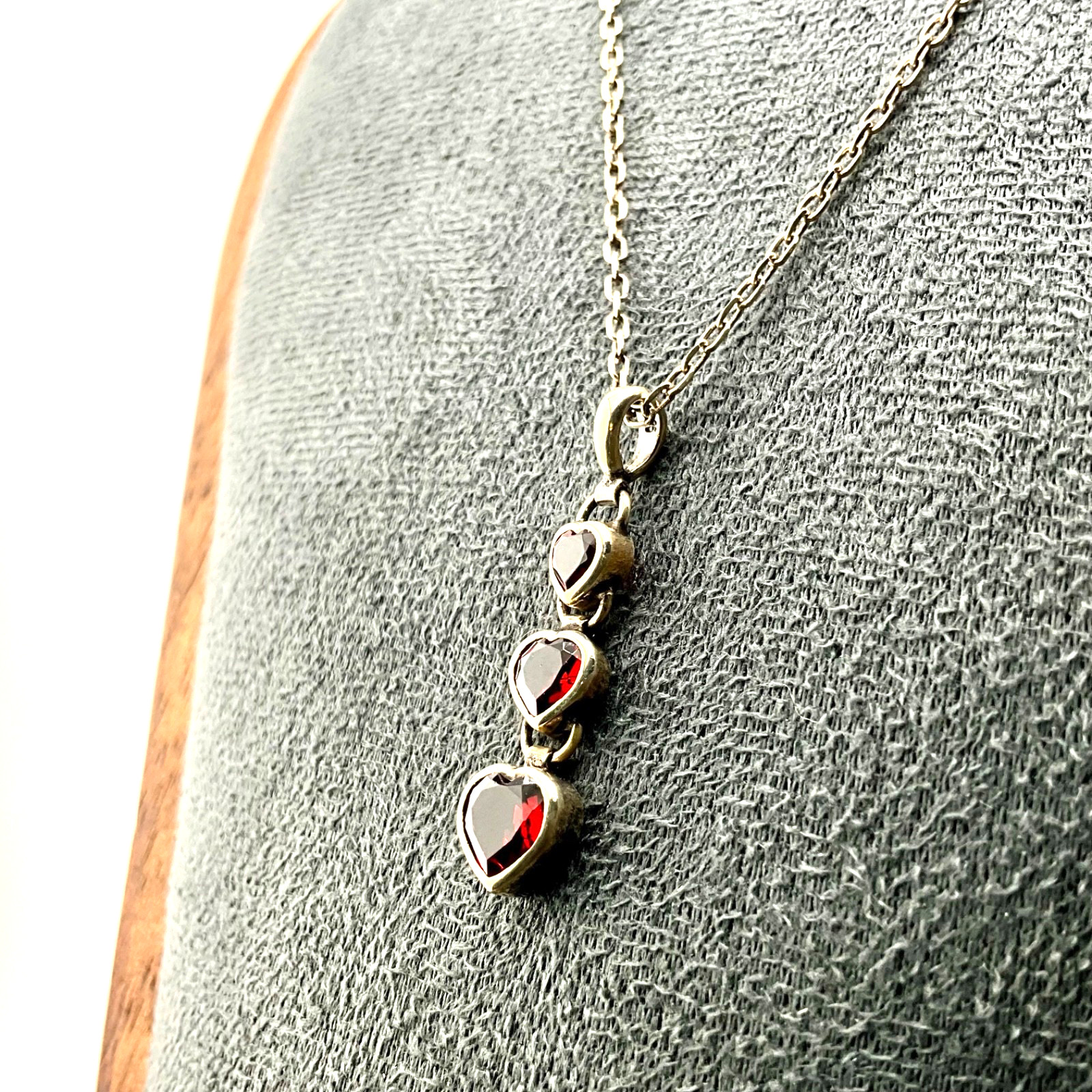 Minimalist Sterling Silver Three Heart Pendant Red Garnet with 17” Chain