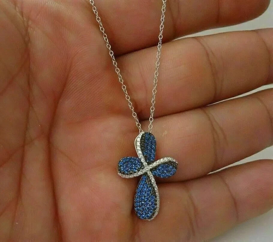 1.50Ct Round Cut Blue Sapphire Cross Pendant 14K White Gold Finish Free Chain