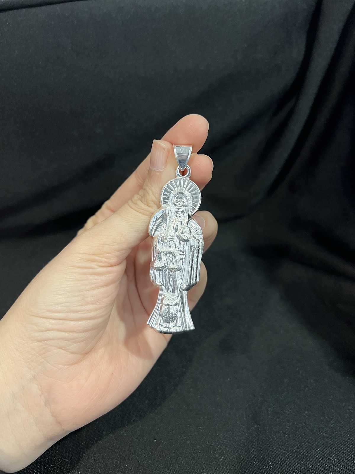 925 Sterling Silver Men’s Womens Big Santa Muerte Grim Reaper Holy Death Pendant