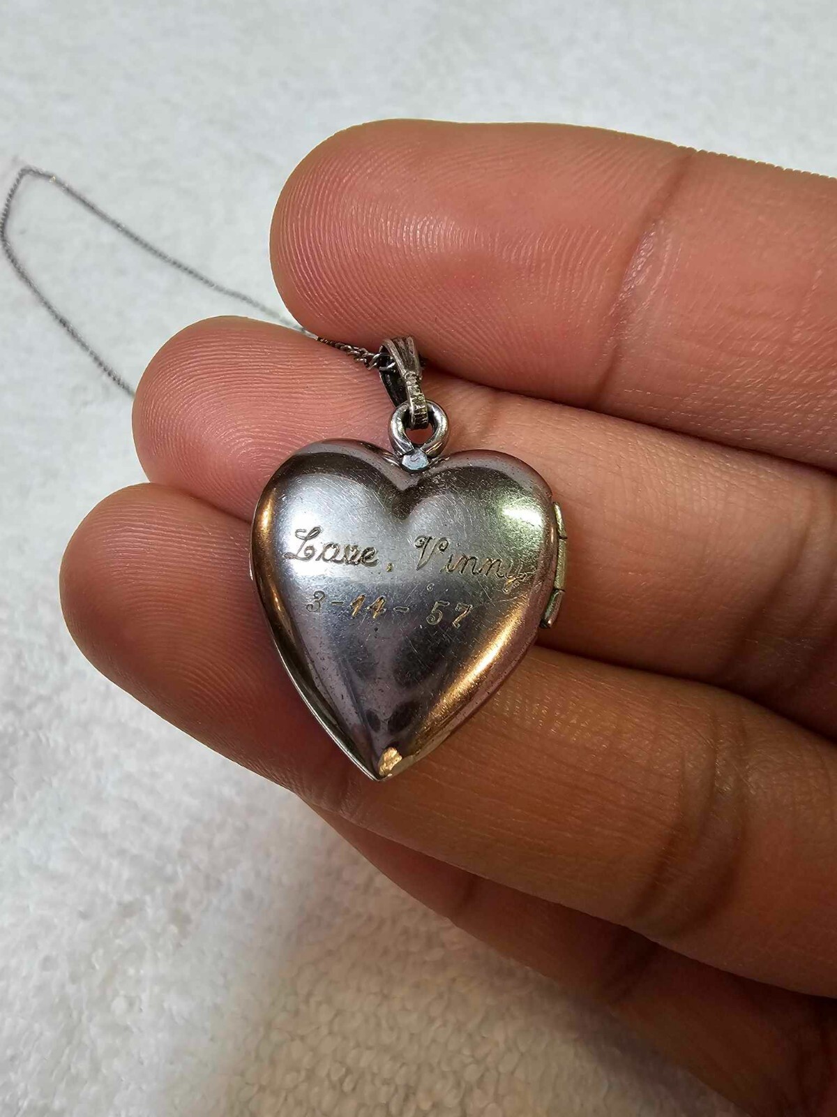 Sterling Heart Pendant Red Stone Etched “LOVE VINNY 3-14-57” w chain necklace