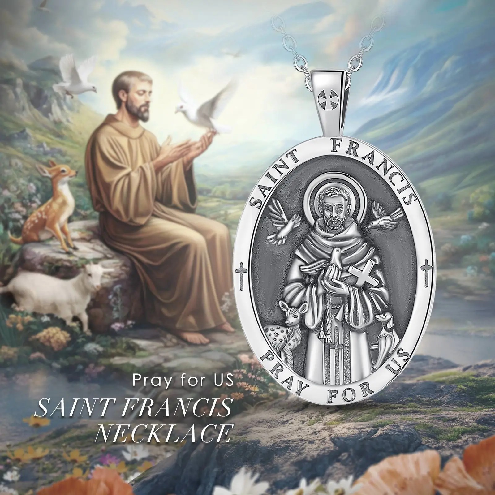 925 Sterling Silver Two-Sided Saint Francis Necklace