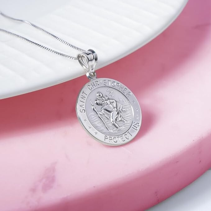 925 Sterling Silver 20MM Saint Christopher Religious Pendant Necklace 16″-24″