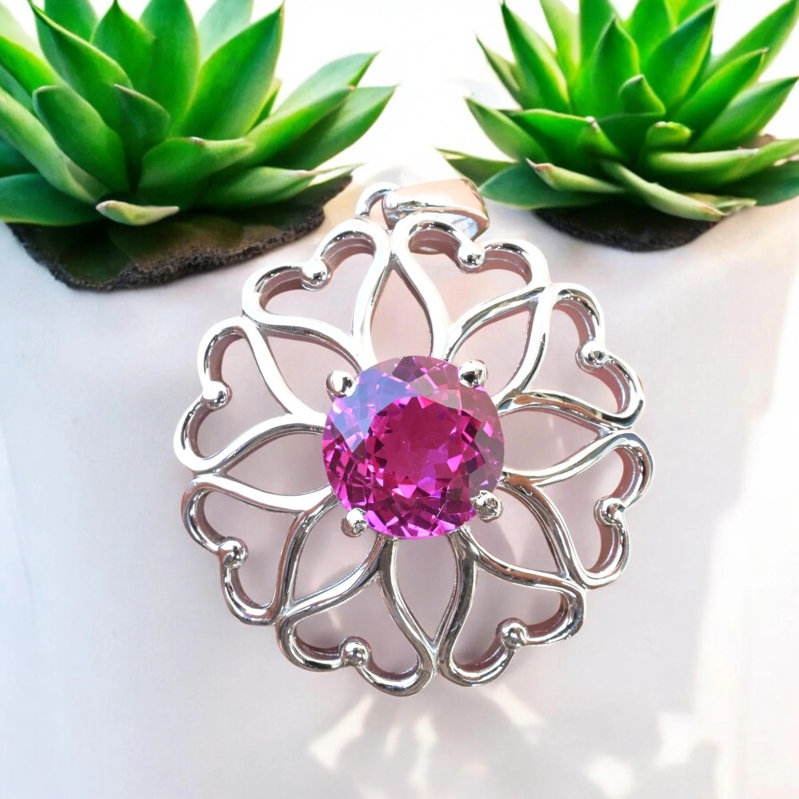 Certified Pink Sapphire 32 Ct Flower Shape Pendant 925 Sterling Silver MG002