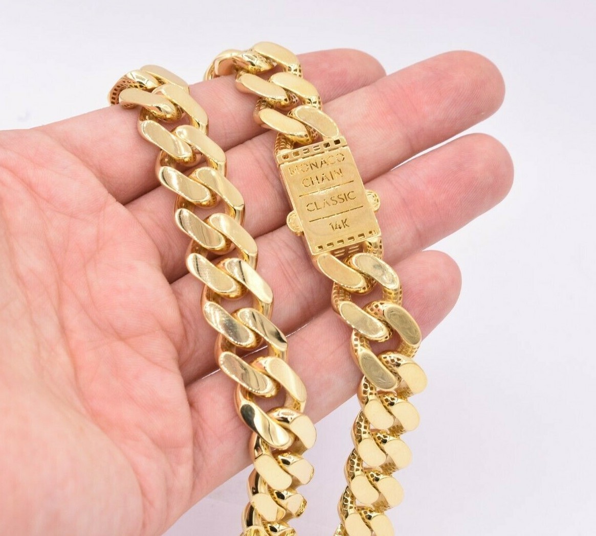15mm Miami Cuban Royal Curb Chain Necklace Box Clasp Real 14K Yellow Gold