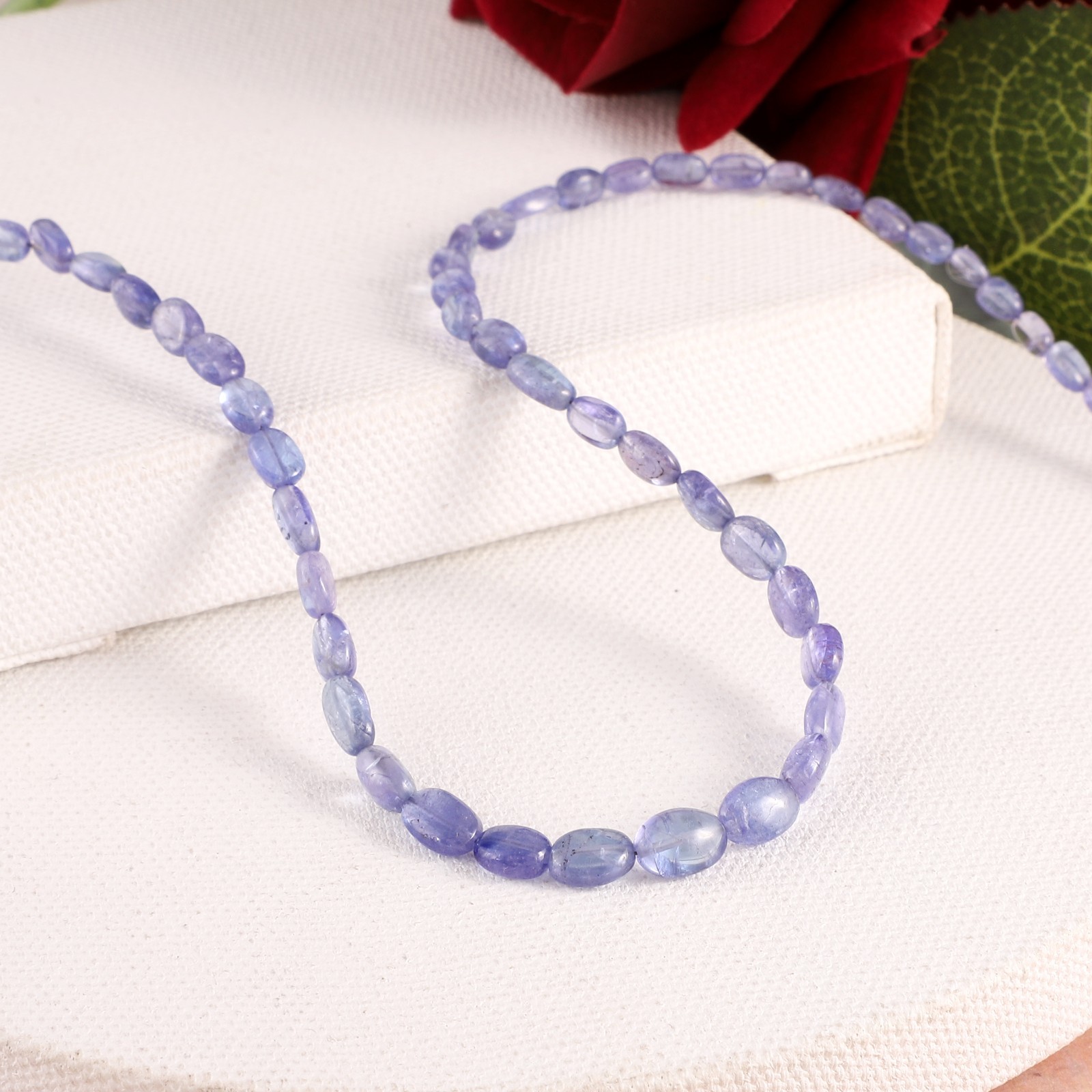 100%Natural Tanzanite Stone Beaded Handmade Necklace Oval Shape 925 Silver