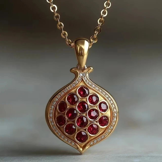 14K Gold Plated Lab Created Garnet Pomegranat Shape Pendant Necklace for Womens