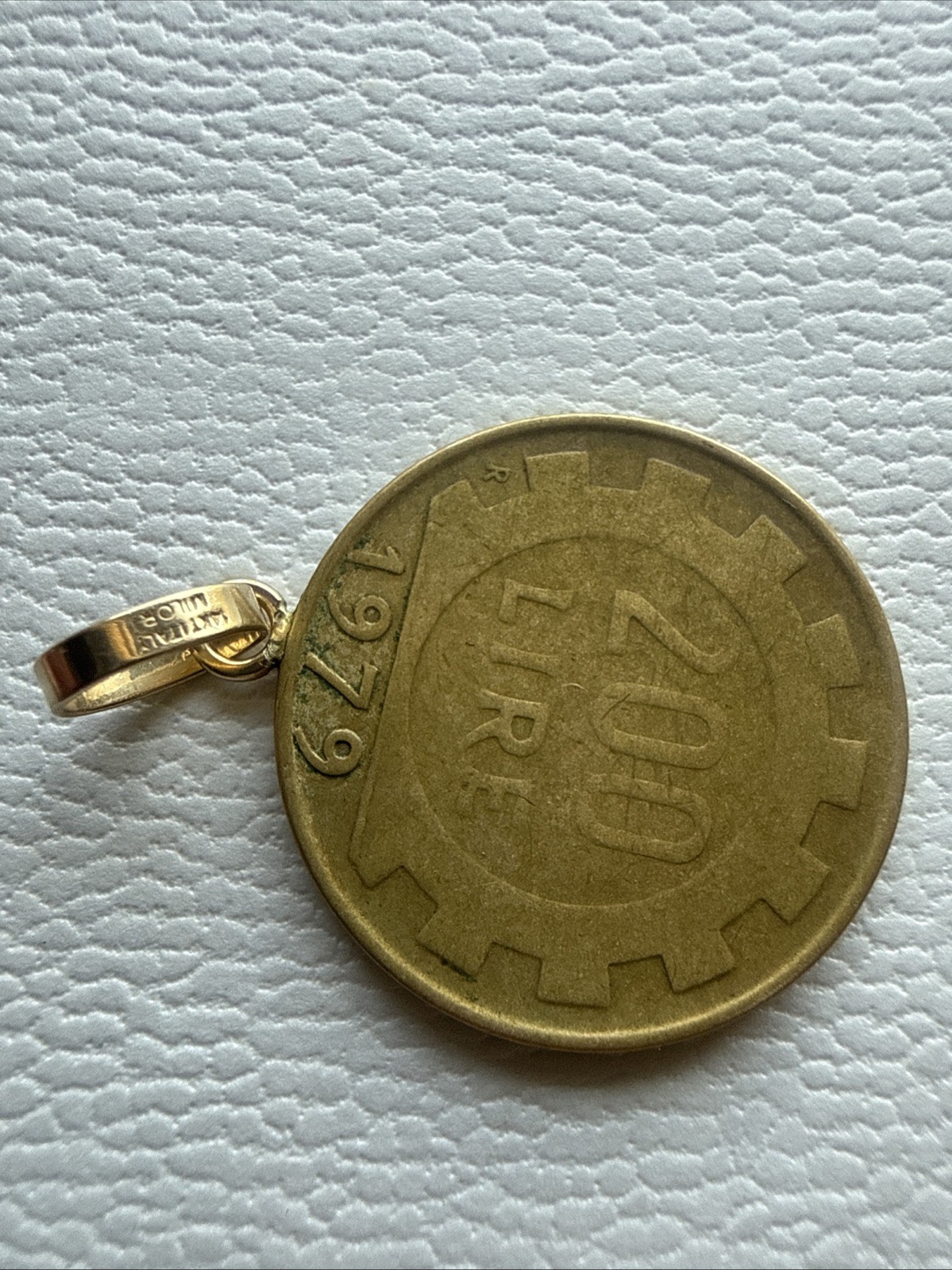 1979 Italian 200 Lire Coin Pendant Milor with 14K Gold Bail