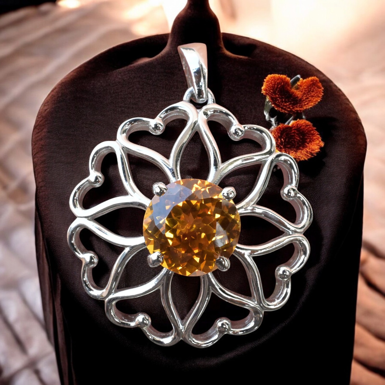 Certified Orange Sapphire 32 Ct Flower Shape Pendant 925 Sterling Silver MG002
