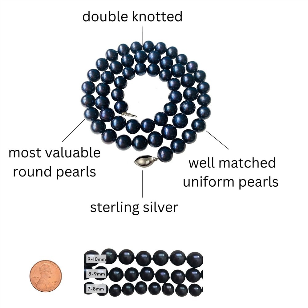 Long 30 Inch 9-10mm ROUND Black Pearl Necklace Genuine Cultured Freshwater