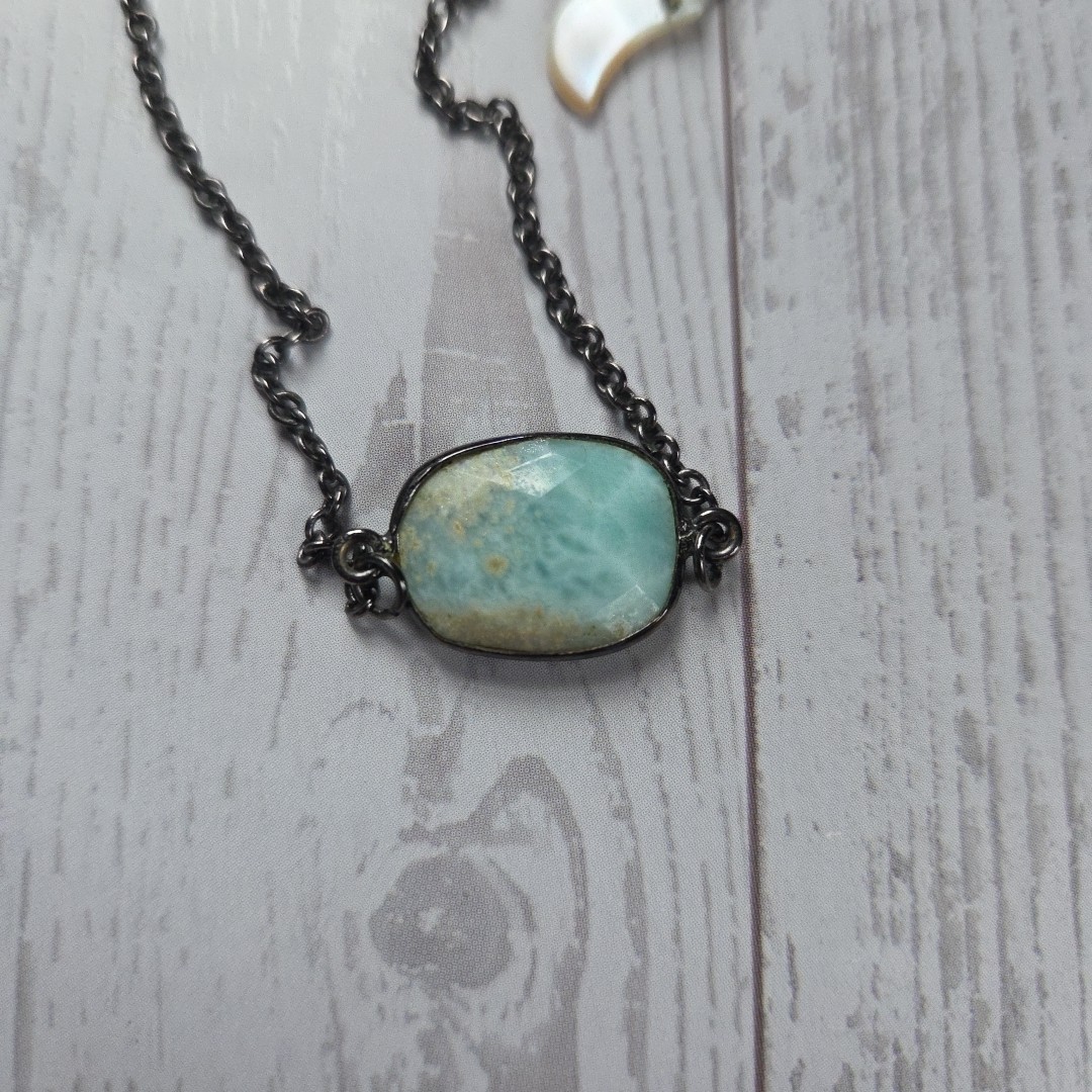 Larimar Blue Stone Necklace Crescent Moon Charm Boho Beach Jewelry