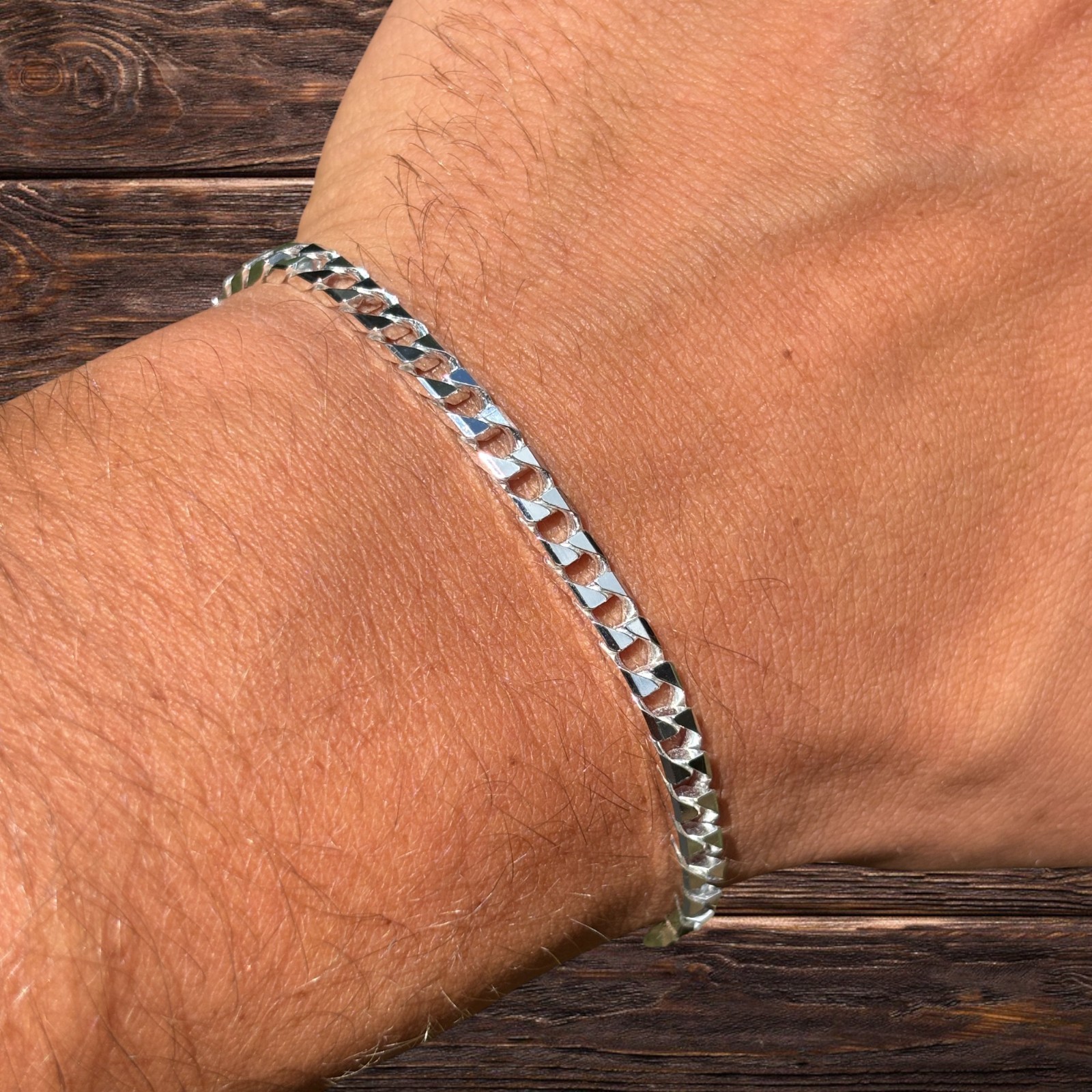 4mm Square Curb Link Bracelet – Real Solid 925 Sterling Silver MADE IN ITALY