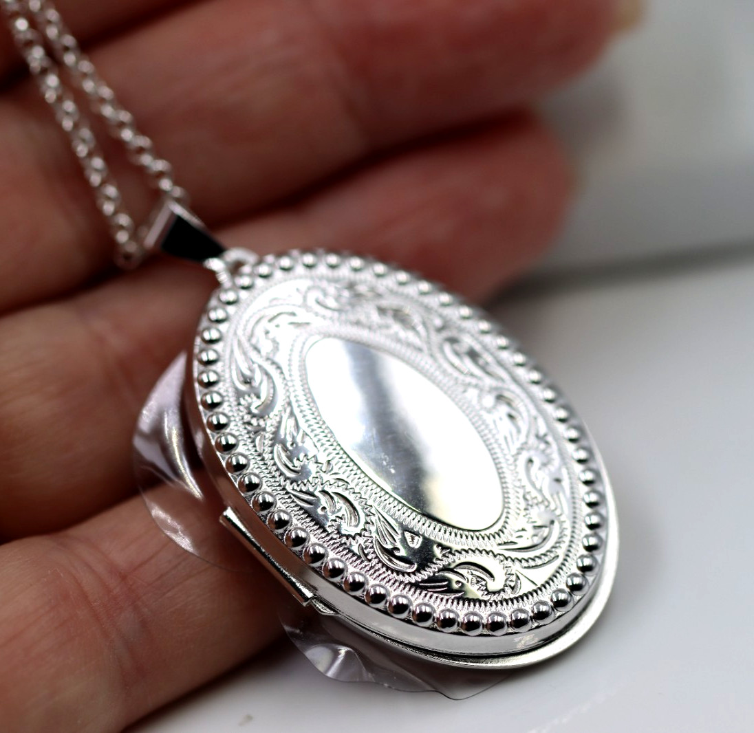 Sterling Silver 925 Large Engraved Border Oval Locket + 70cm Chain -Free Post