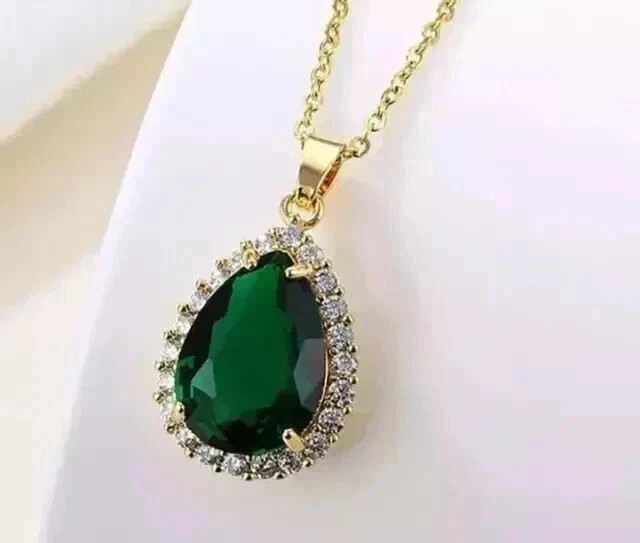 Unique Pear Lab-Created Emerald Women’s Teardrop Pendant 14K Yellow Gold Plated