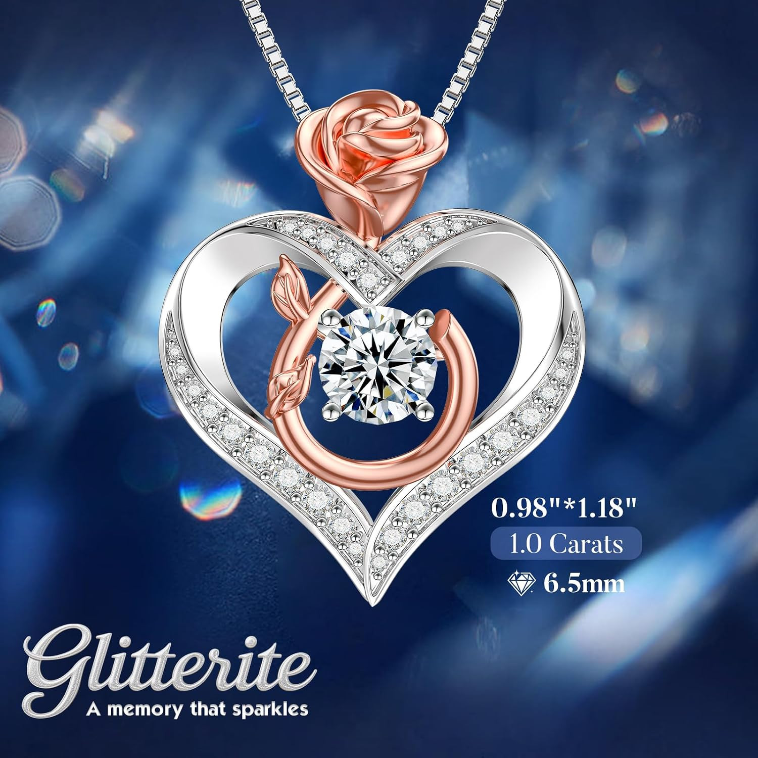 1 Carat Moissanite Necklace for Women, 925 Sterling Silver Rose Heart Pendant Ne