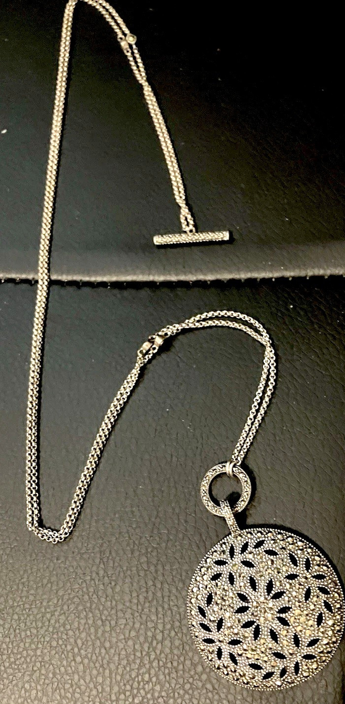 Vintage Judith Jack $285 Sterling Silver 925 Marcasite Dome Pendant Necklace 36”