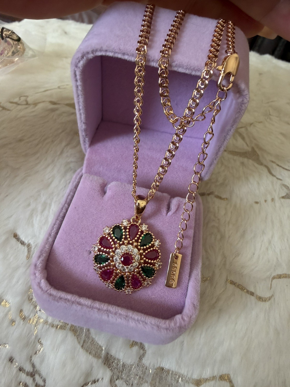585 RG Hallmarked Rolled Rose Gold Necklace & Pendant zircon Vintage 50cm
