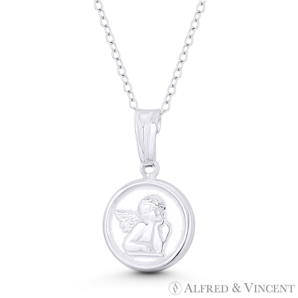 Winged Cherub Guardian Angel Charm 13mm Baptismal Pendant in 925 Sterling Silver