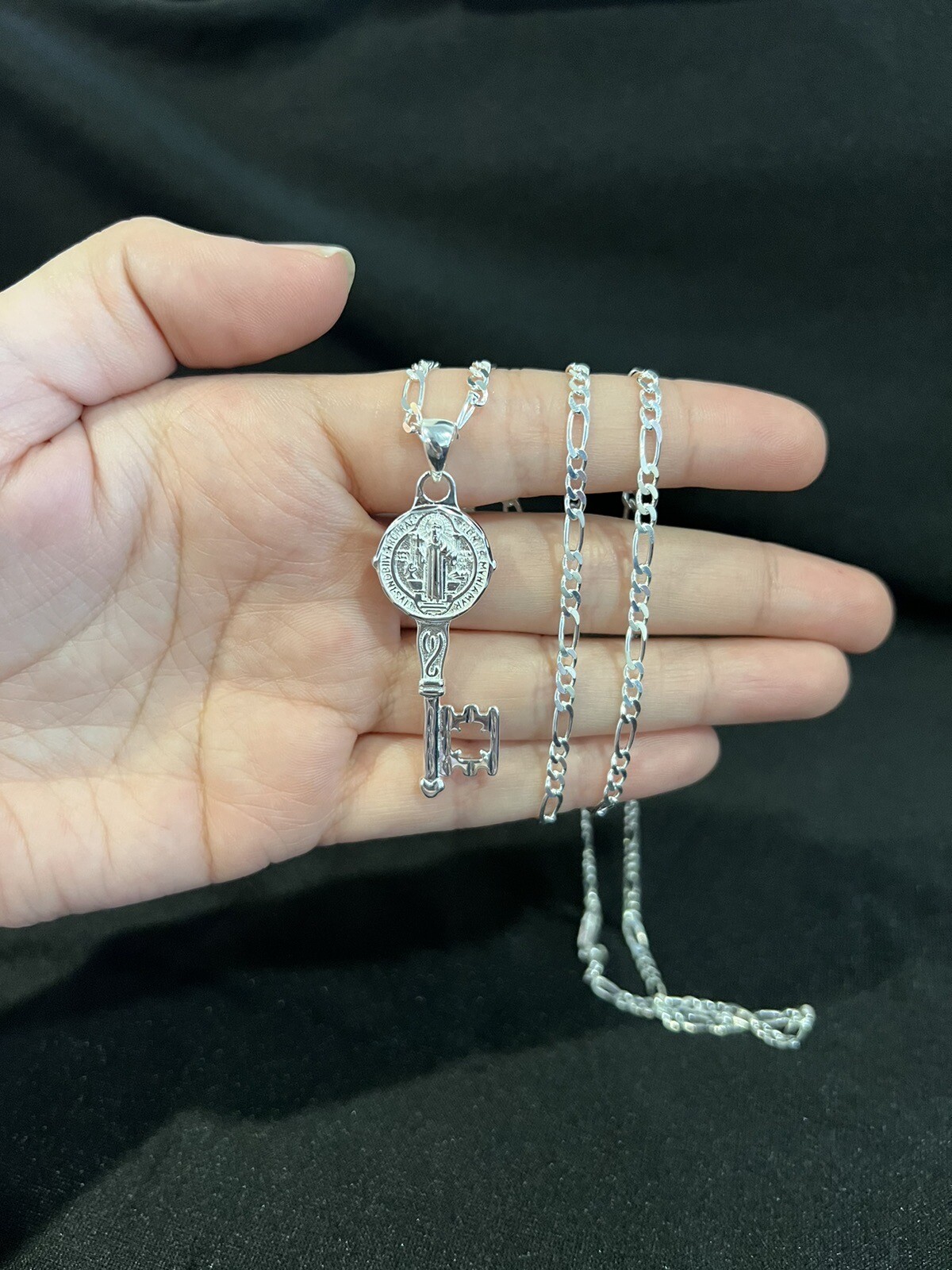 925 Sterling Silver Men St Benedict Key San Benito Llave & Figaro Chain 20 24 30