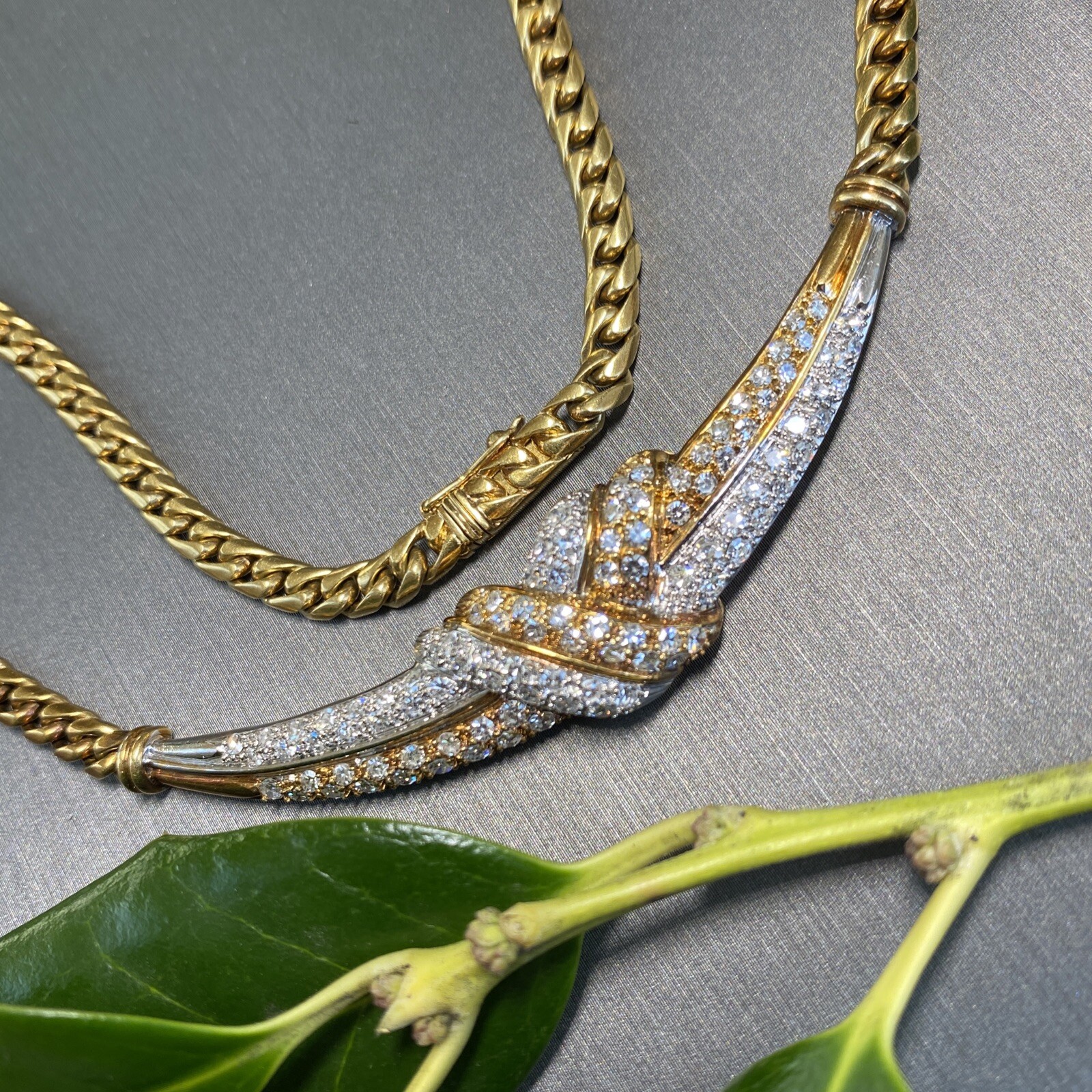 18K Yellow White Gold Diamond Love Knot X Crescent Vintage Cuban Chain Necklace