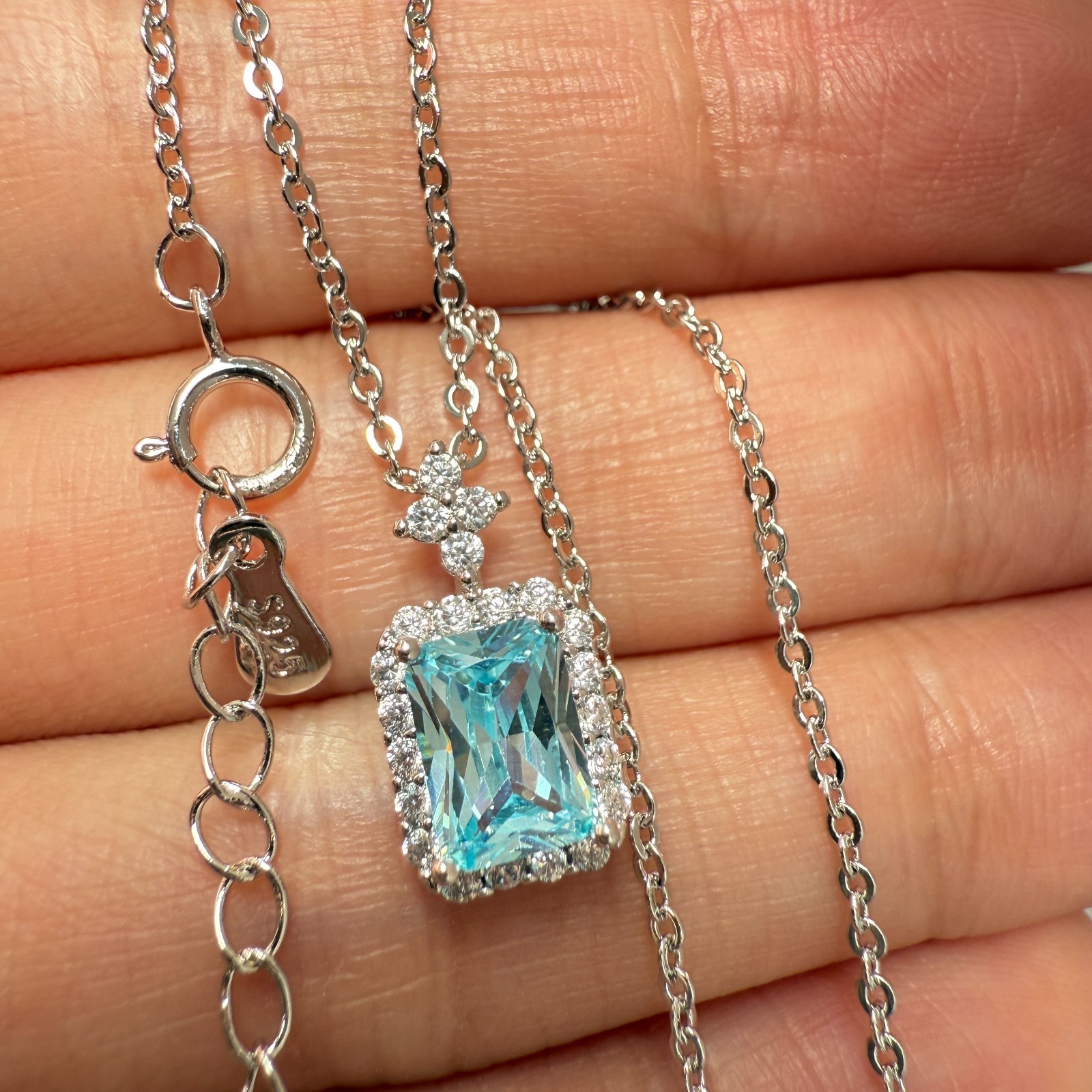925 Sterling Silver Necklace 7x5mm Natural Aquamarine Birthstone Flower Chain