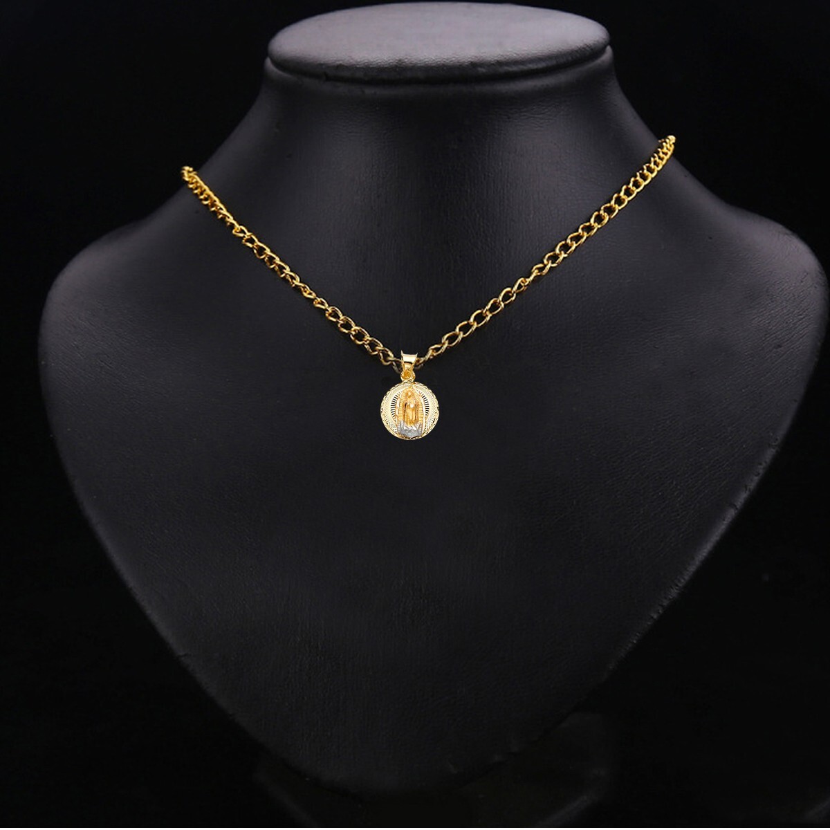 14K Tri Color Gold Diamond Cut Guadlupe Stamp Religious Pendant