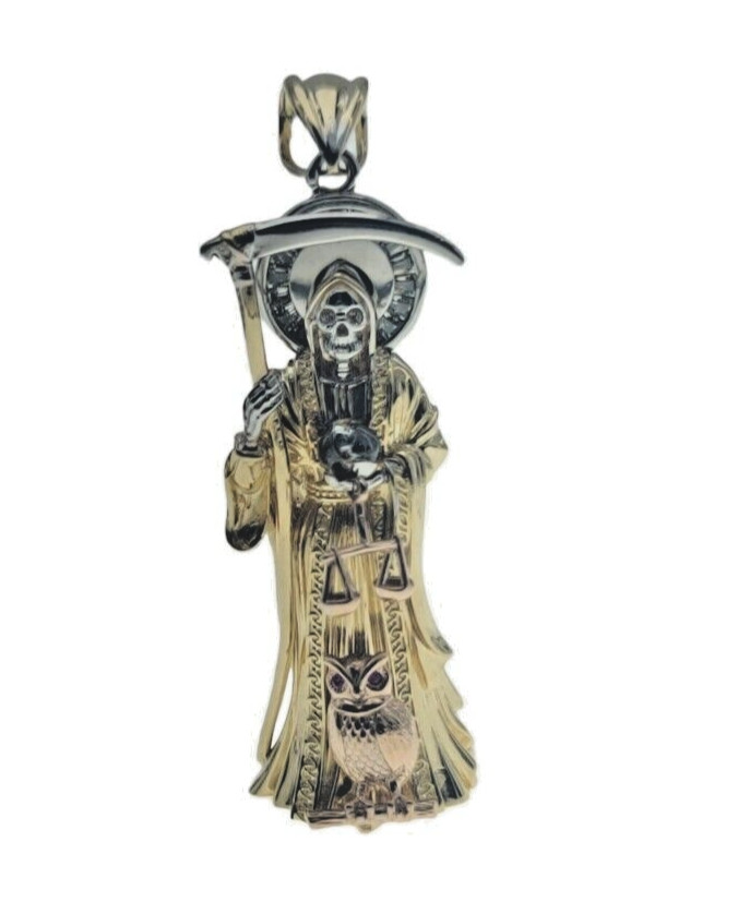 Santa Muerte Holy Death Grim Reaper Charm New 3D 2 In Long Pendant Real 14k Gold