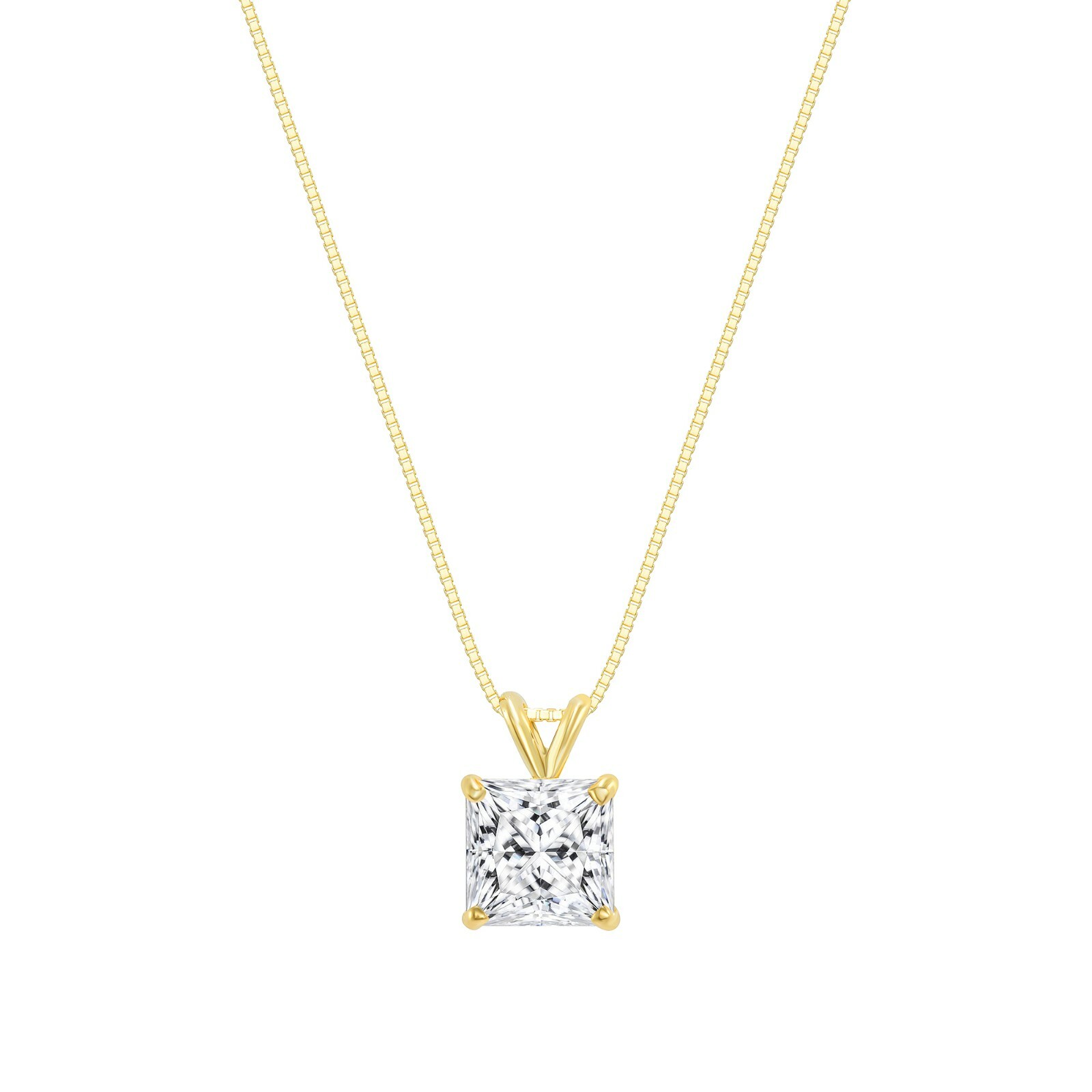 1.25 Ct Princess 14K Yellow Gold Created Diamond Solitaire Pendant Necklace 18