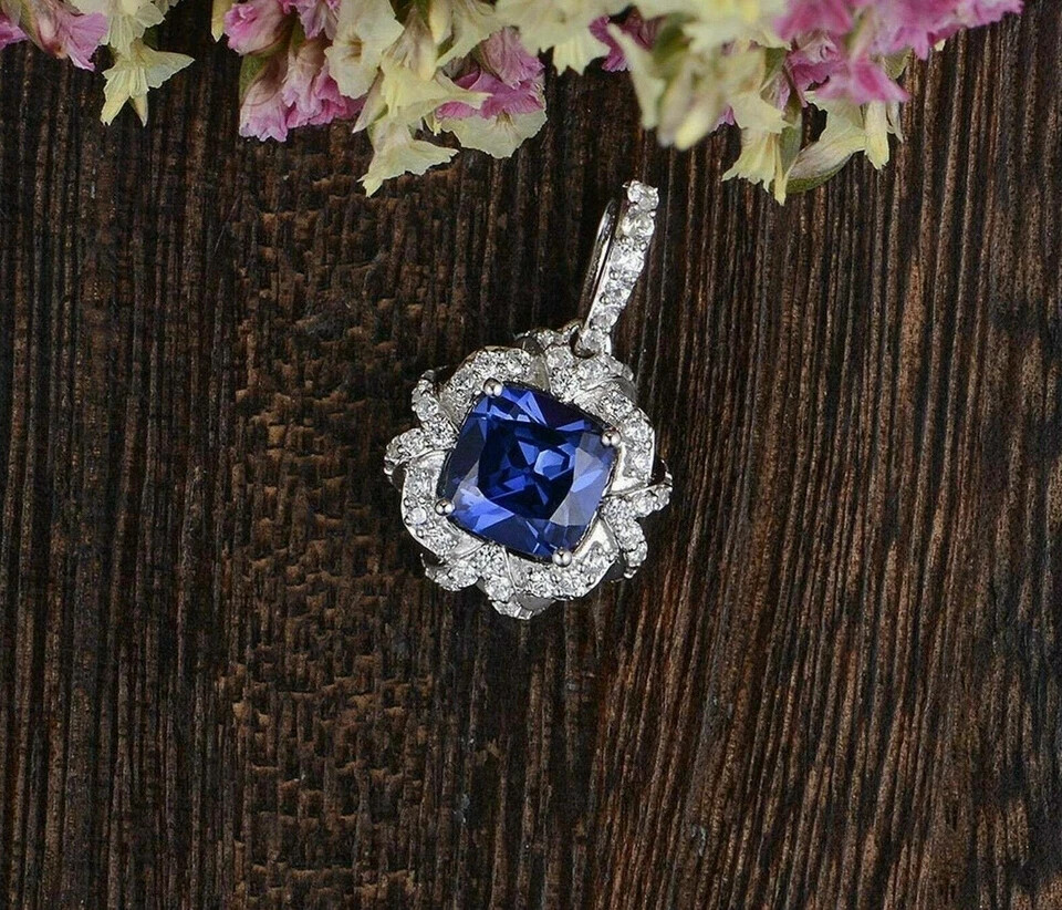 2Ct Cushion Blue Sapphire Halo Pendant 14K White Gold Finish Free Chain