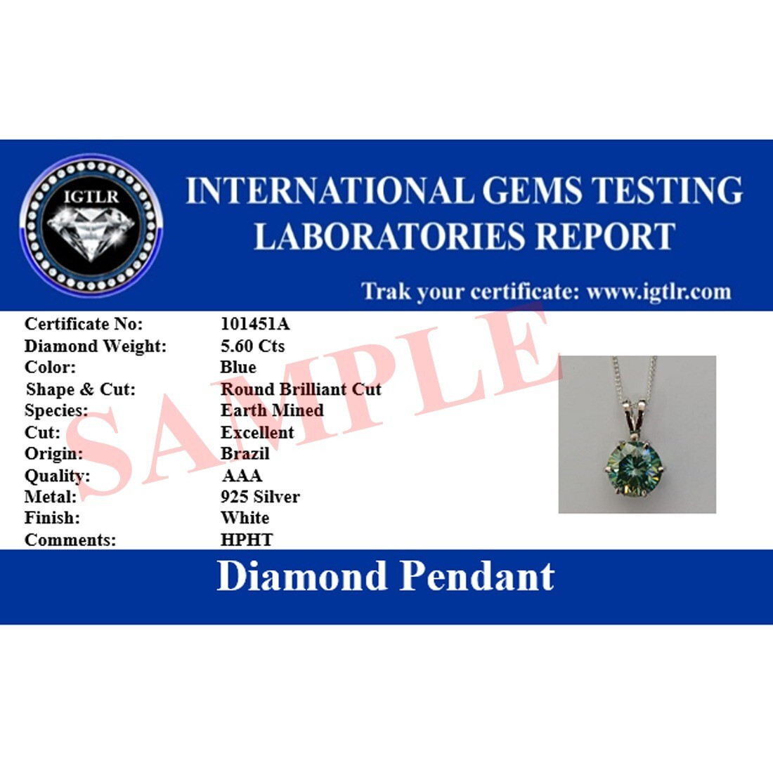 8.10 Ct Treated Blue Diamond Solitaire Sterling Silver 925 Pendant with Chain