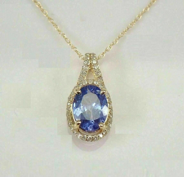2Ct Oval Cut Blue Tanzanite Diamond Halo Pendant Necklace 14K Yellow Gold Finish