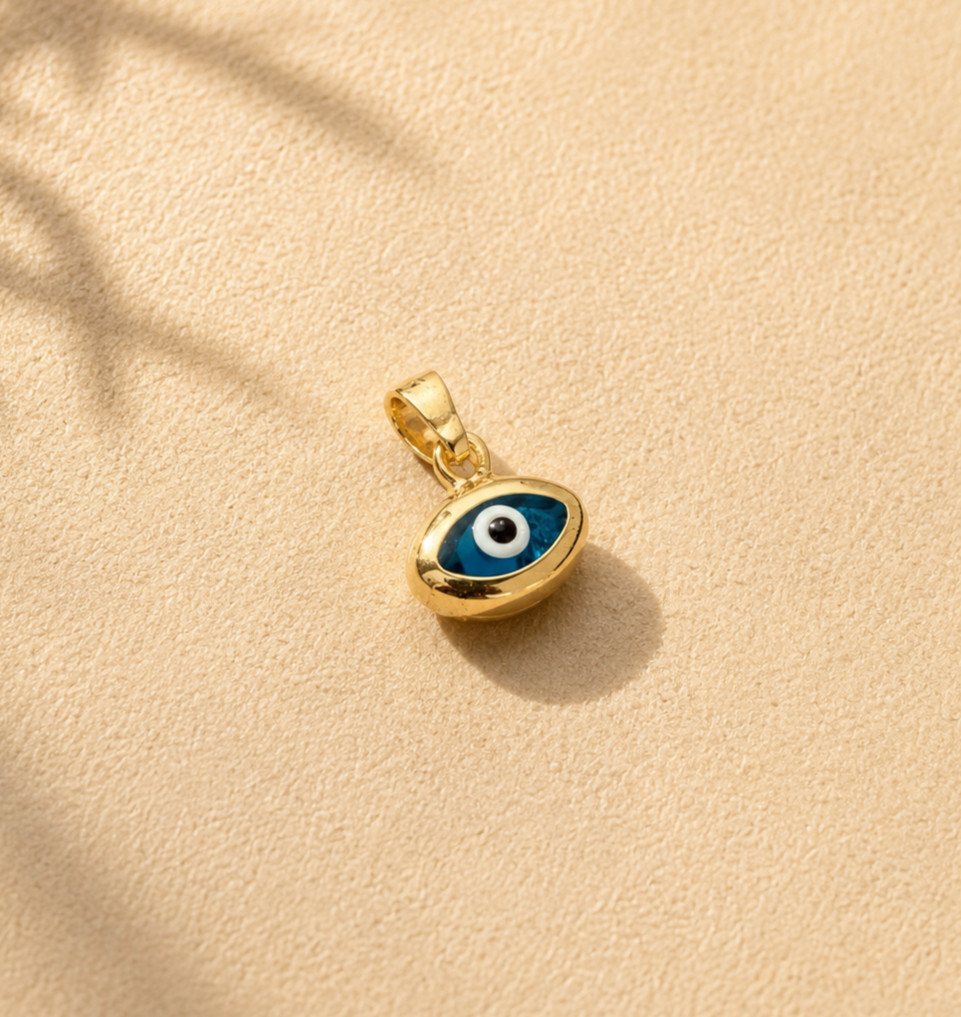 Real Solid 14K Yellow Gold Evil Eye Charm Pendant Blue Enamel Nazar Amulet, Gift