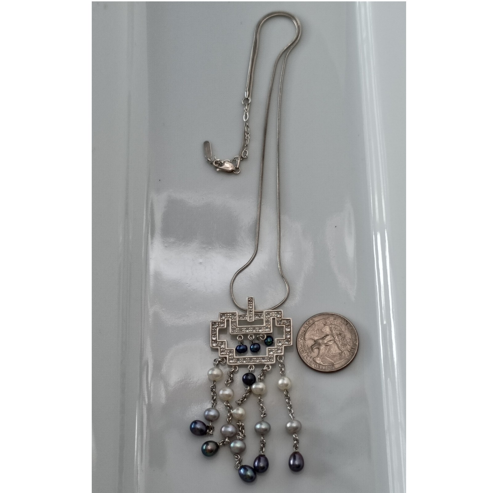 925 Sterling Silver & Pearl Deco Style Dangle Pendant Necklace 19″