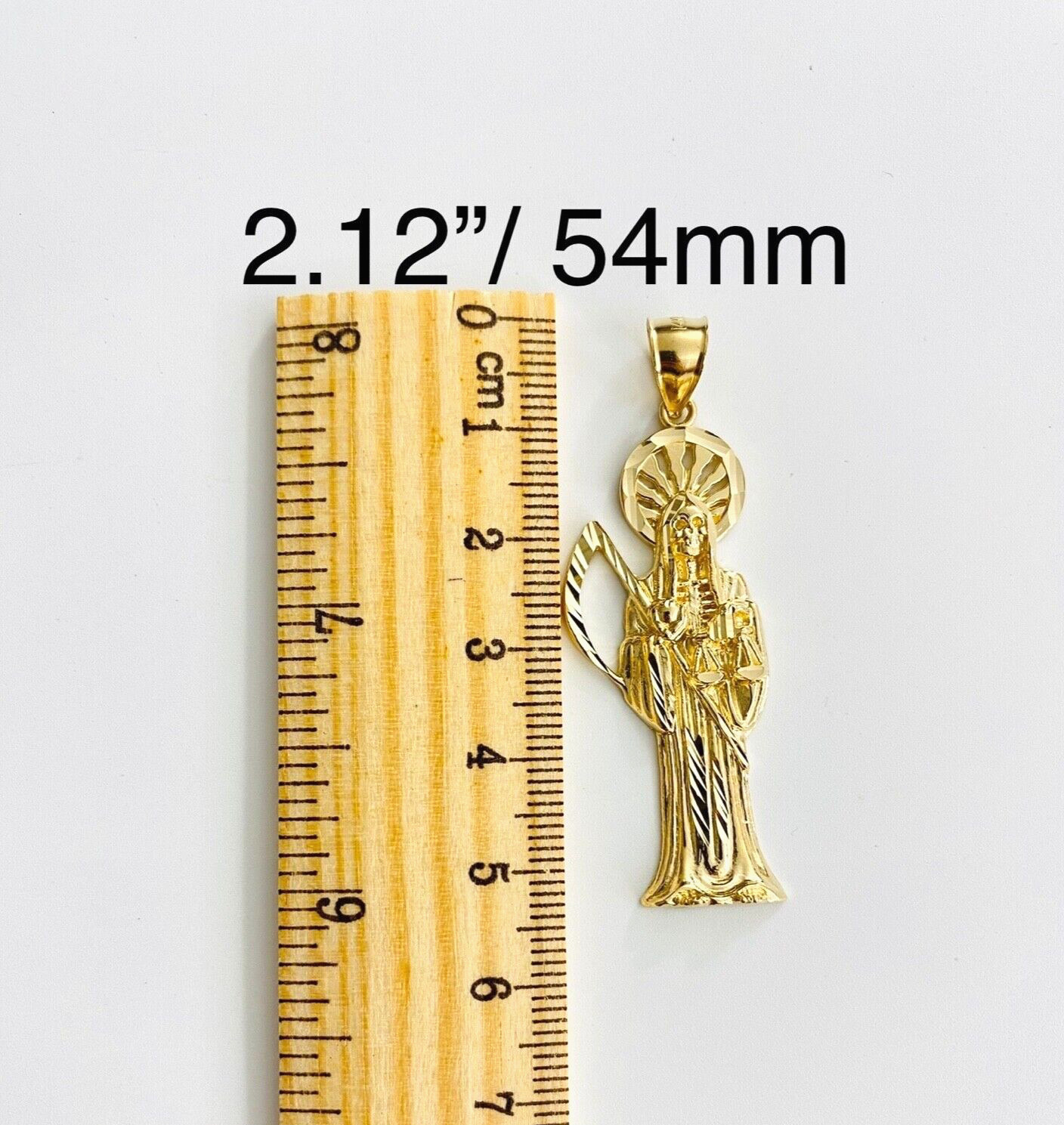 14K Solid Gold 54mm / 2.12″ Santa Muerte Pendant, 14k Gold Grim Reaper – PT1157