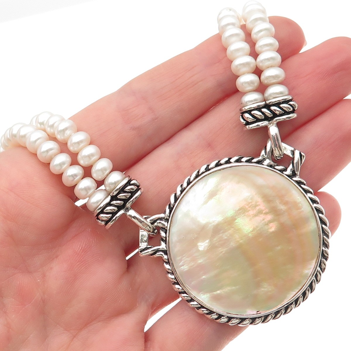 Honora 925 Sterling Silver Real Pearl & MOP Beaded 2-Strand Necklace 16″
