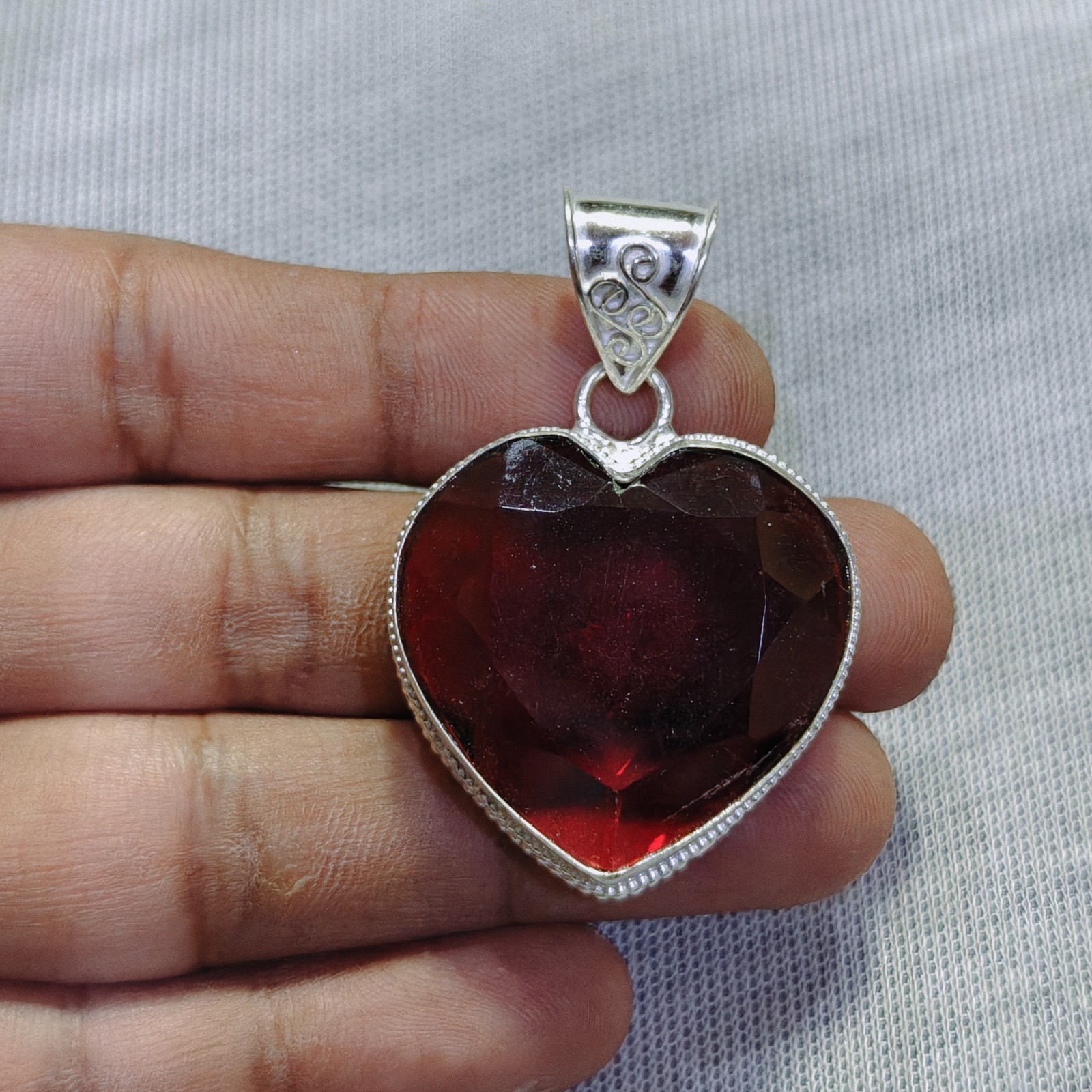 Red Garnet Quartz Gemstone Pendant Handmade Sterling Silver Heart Cut Pendant