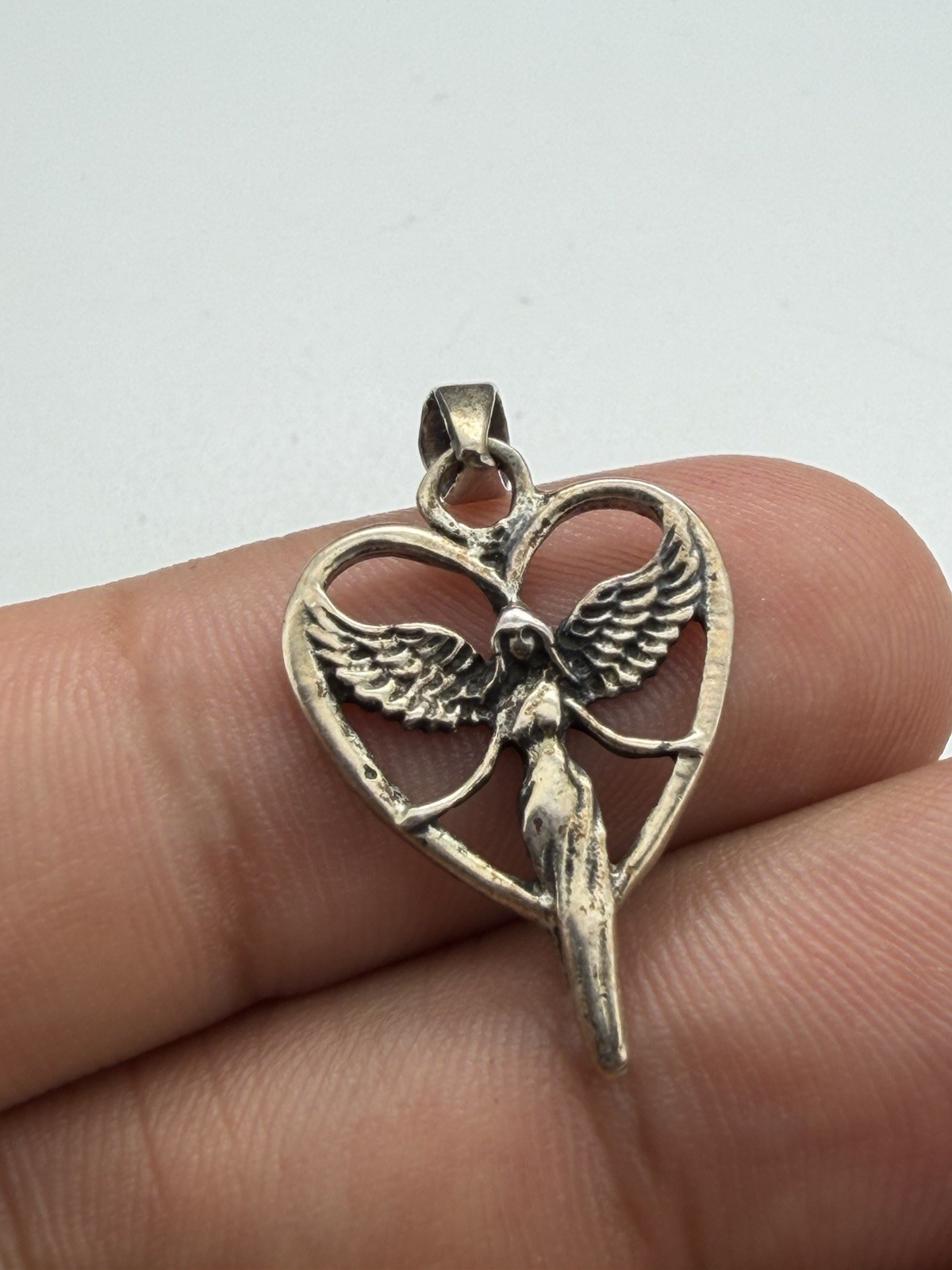 Vintage 925 Sterling Silver Heart Shaped Angel Pendant