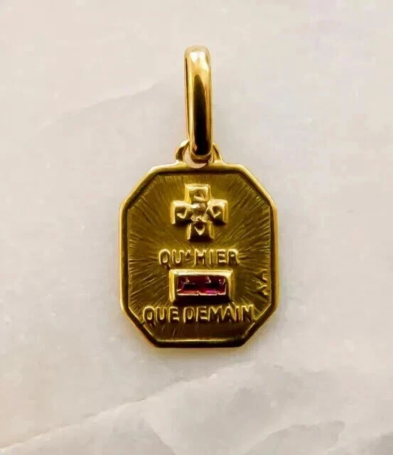 French Medal Love Augis Shield Pendant 14k Yellow Gold Plated Lab Created Ruby